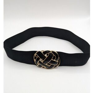 Day-Lor USA Vintage Black Elastic Cinch Belt Gold Enamel Knot Buckle 31 Inch